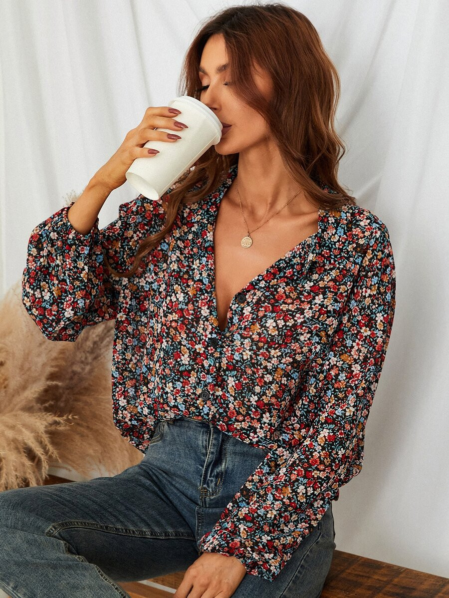 SHEIN Frenchy Ditsy Floral Lantern Sleeve Shirt | SHEIN