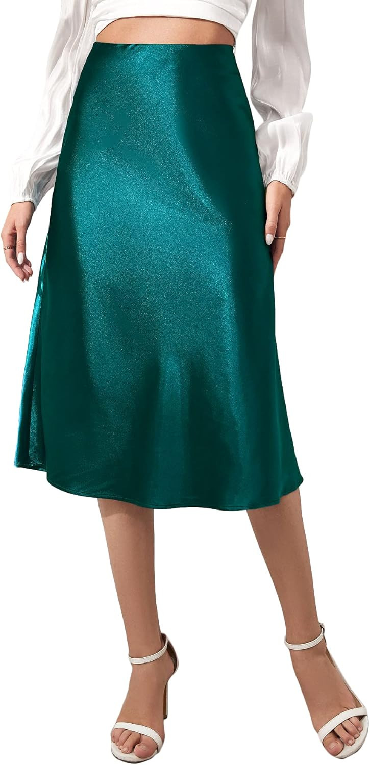 Verdusa Women's Elegant High Waist Satin A Line Flared Midi Skirt | Amazon (US)