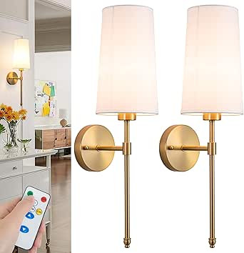 Battery Operated Wall Sconce Light with Remote Control, Dimmable Set of 2 White Fabric Shade, Ind... | Amazon (US)