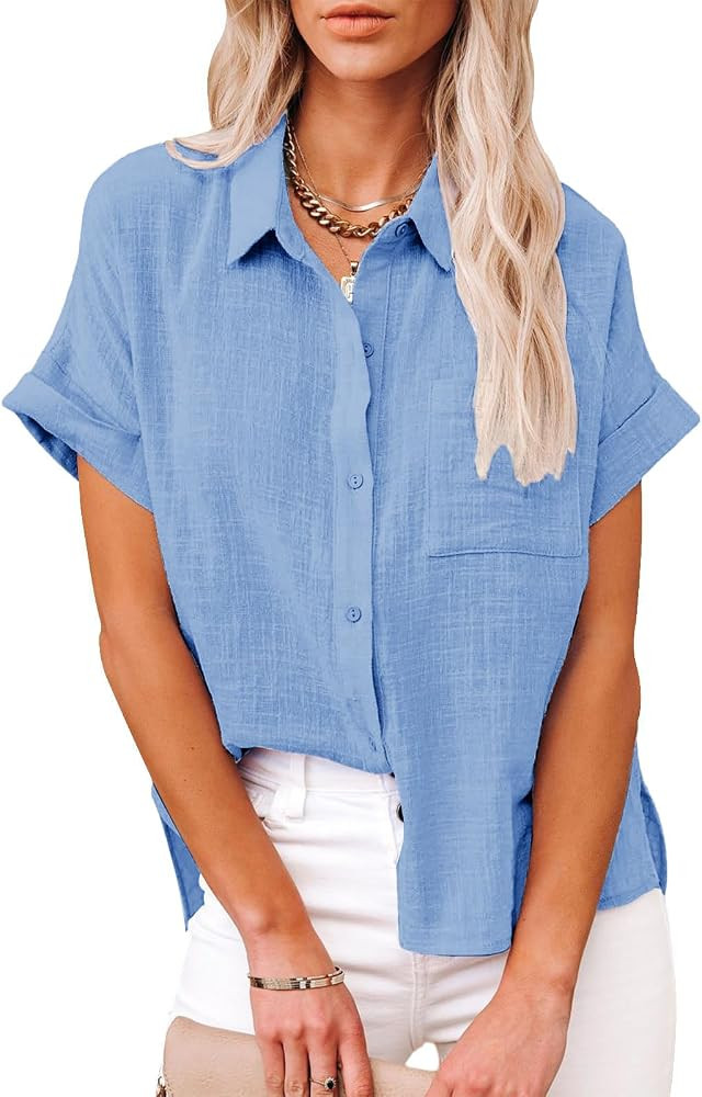 Womens Casual Cotton Linen Button Down Short Sleeve Shirts Solid Summer Beach Blouses Tops with P... | Amazon (US)