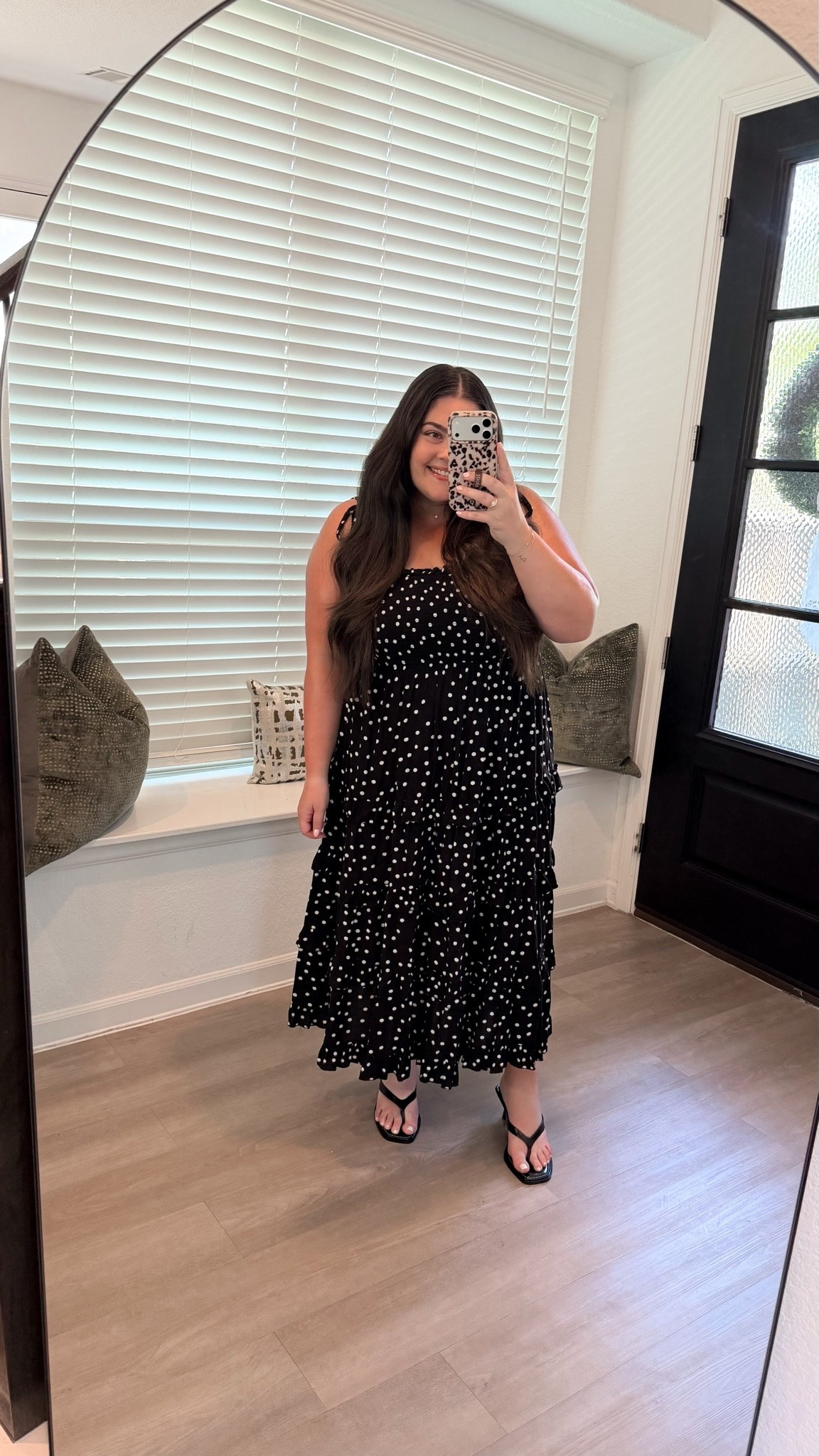 Polkadot. Polka dot dress. Maxi dress. Smocked dress. Thong sandals. Kitten heel sandals. Summer outfit. 
￼

#LTKgrwm #LTKSeasonal #LTKMidsize