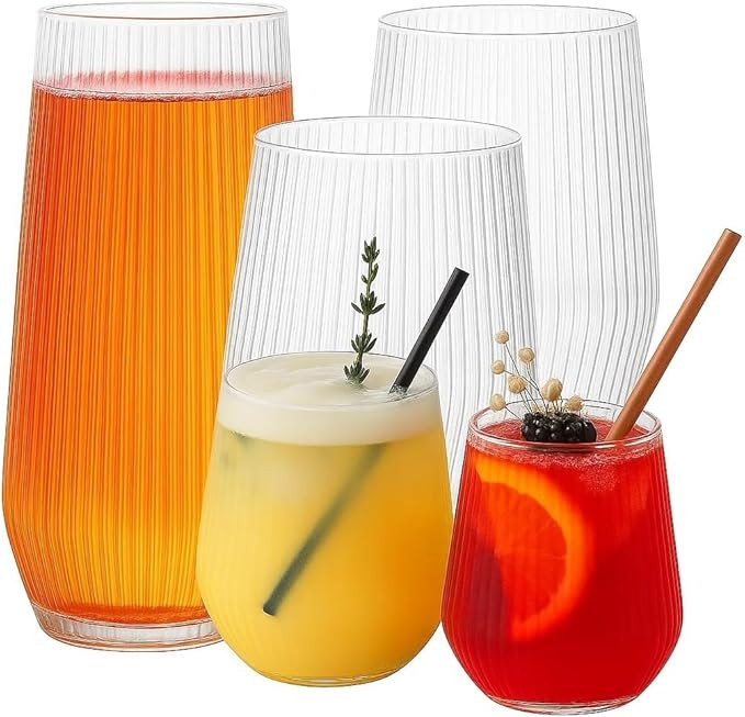 24 Pack Ribbed Origami Ripple Plastic Glasses, 12-9 Ounce Stemless Champagne Flutes & 12-12 Ounce... | Amazon (US)