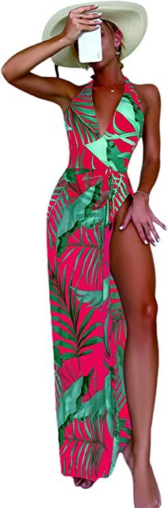 SheIn Women's One Piece Halter Swimsuit Plant Print Cover Up Beach Skirt 2 Piece Set Bathing Suit | Amazon (US)