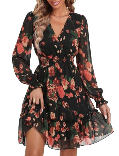Prettywear Women's Chiffon Long Sleeve Wrap Neck Wedding Guest Mini Dress | Amazon (US)