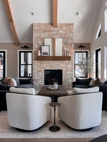 Great room with fireplace lake home decor mantle decor, mantle styling. Arhaus furniture, rectangle coffee table

#LTKstyletip #LTKhome