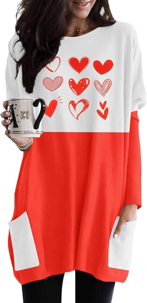 MOUSYA Valentine's Day Dress Shirt Women Love Heart Graphic Tops Color Block Plus Size Sweatshirt... | Amazon (US)