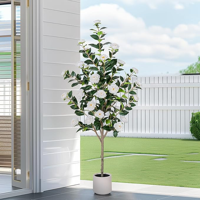 63 inch Artificial Camellia Tree with White Flower Pots - White Fake Tree,5 Ft Faux Plants Indoor... | Amazon (US)