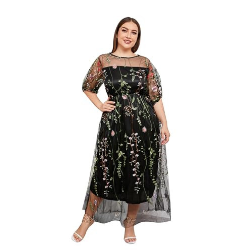 1/2 Sleeve Floral Embroidered Dress for Women Plus Size Women's Floral Embroidered Tulle Dress Mesh Sheer Sleeve Formal Tulle Prom Dress Wedding Guest Cocktail Party Evening Dress Black-Floral XL | Amazon (US)