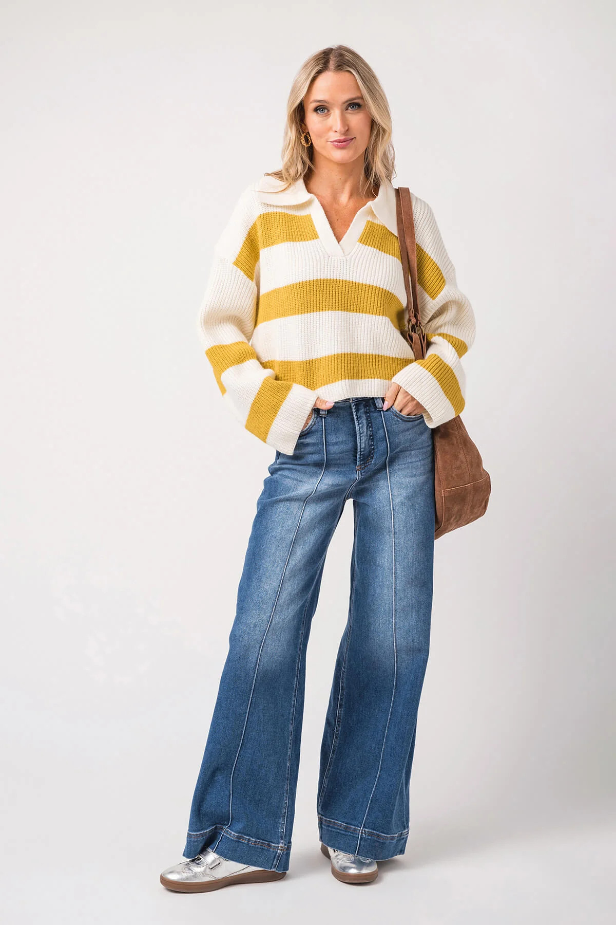 Buttermelon Stripe Drop Shoulder with Wide Collar Sweater | Social Threads