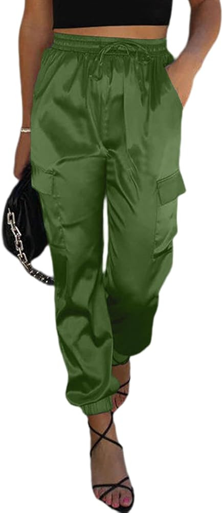 EVALESS Satin Joggers for Women Drawstring Elastic High Waist Straight Leg Cargo Pants Long Loung... | Amazon (US)
