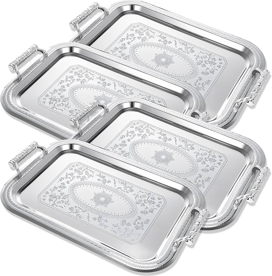 4 Pack Stainless Steel Serving Tray with Handle, 16 x 11.4 Inch Large Silver Plate Elegant Floral... | Amazon (US)