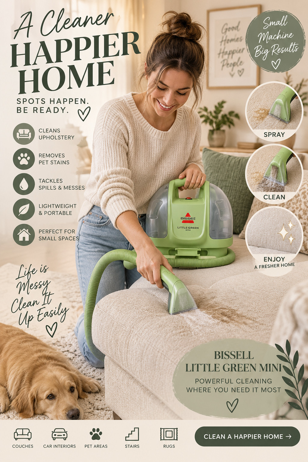 Meet the Bissell Little Green Mini, a compact portable carpet and upholstery cleaner made for everyday messes. Use this portable spot cleaner for pet stains, spills, couches, rugs, stairs and car interiors without hauling out a full-size machine. A practical cleaning essential for pet owners, small spaces and quick home cleanups. Save this idea for your next deep-clean day or tap through to shop. 

 #LTKU #LTKHome #LTKSaleAlert