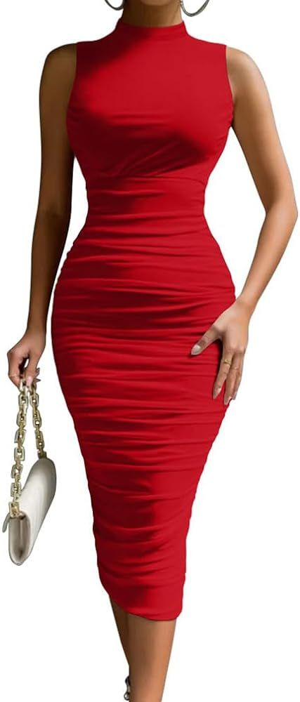 LAGSHIAN Women's Sexy Bodycon High Neck Sleeveless Ruched Midi Cocktail Party Dress | Amazon (US)