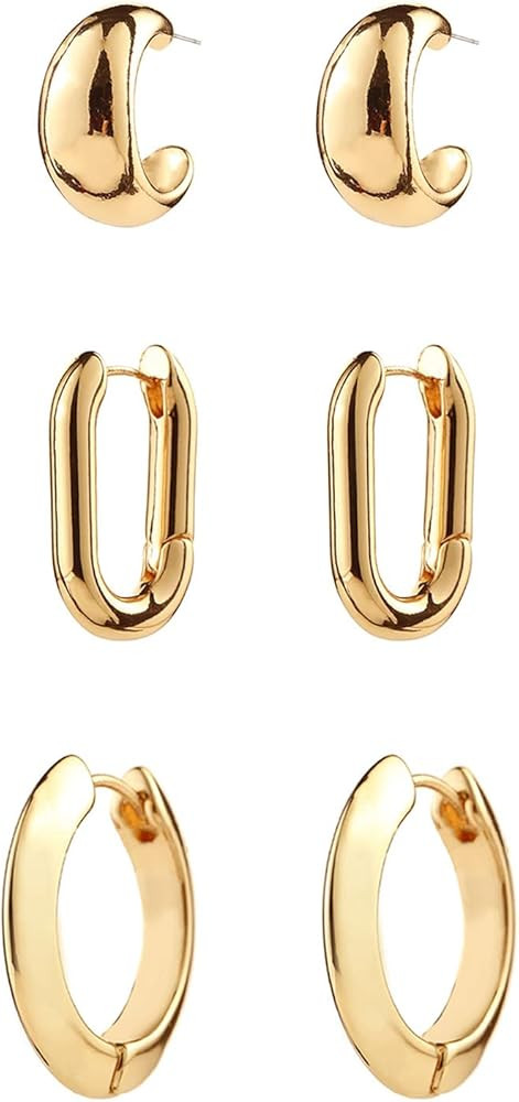 ALLHOLA 14K Gold Hoop Earrings for Women, Hypoallergenic Chunky Gold Hoop Earrings Multipack, Lig... | Amazon (US)