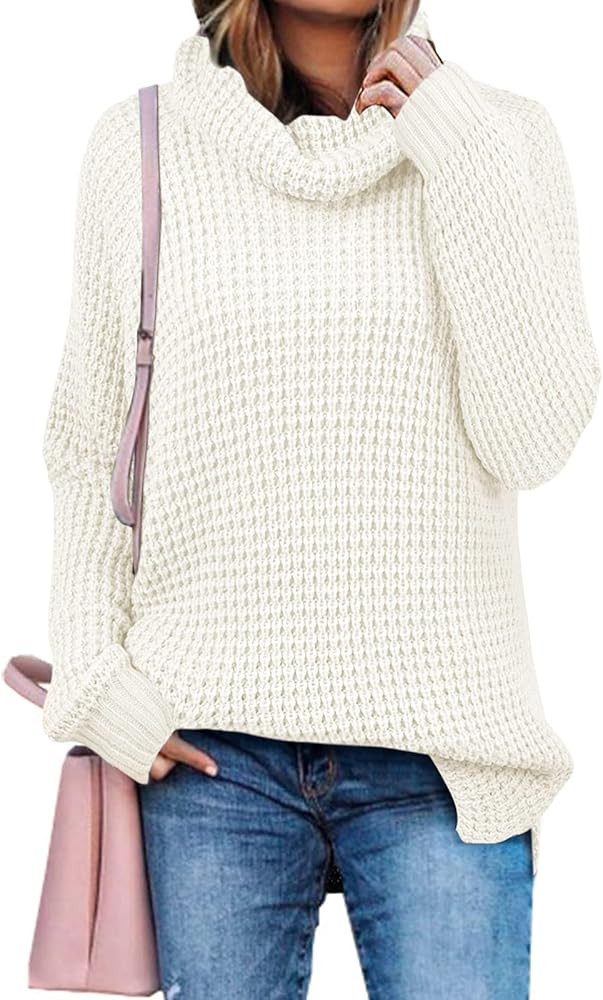 ZESICA Womens Turtleneck Long Sleeve Waffle Knit Casual Loose Pullover Sweater Jumper Tops | Amazon (US)