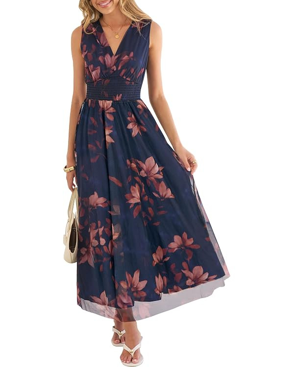 ANRABESS Women's Floral Tulle Wedding Guest Maxi Dress | V Neck Sleeveless,A-Line Elastic Waist,C... | Amazon (US)