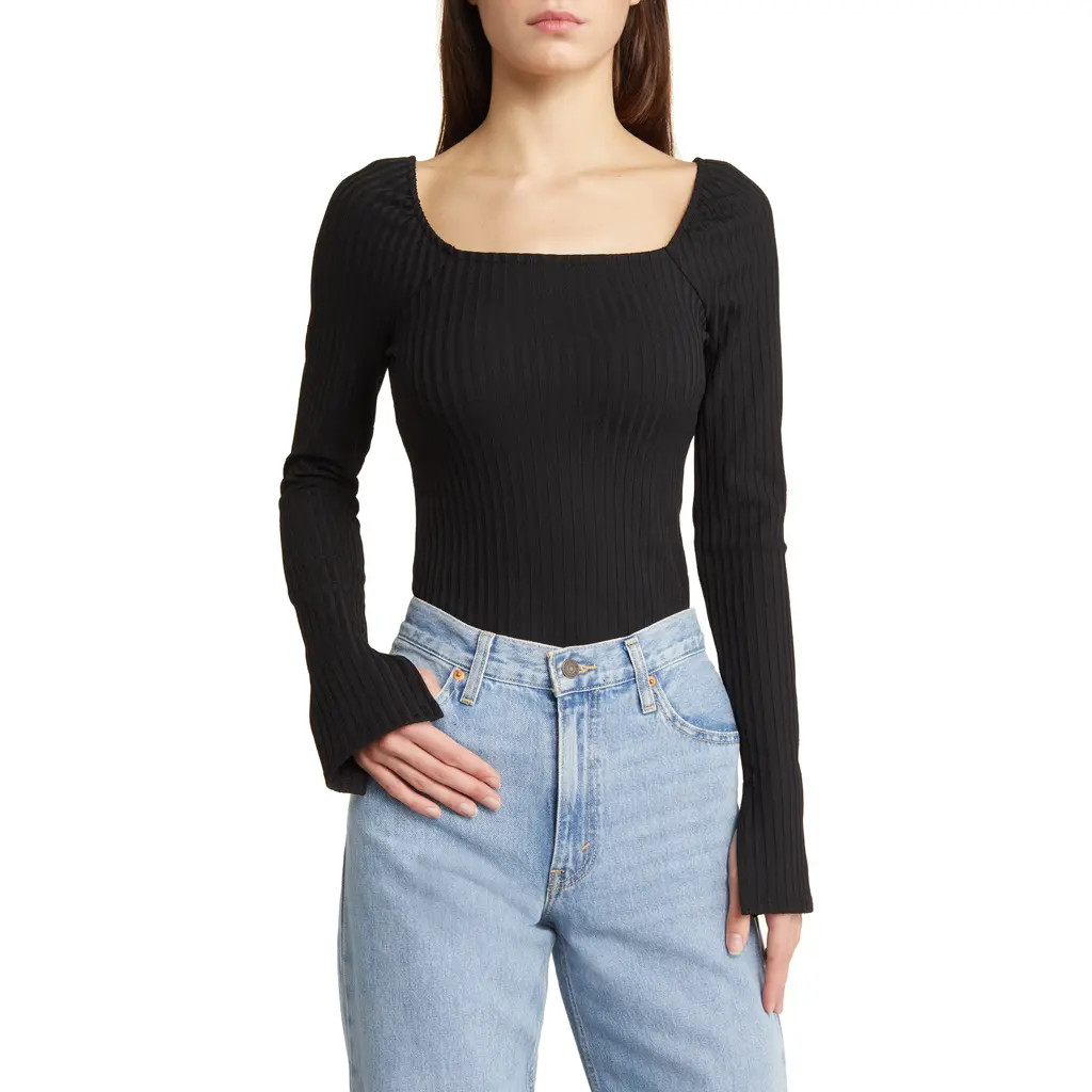 Madewell Rib Square Neck Long Sleeve T-Shirt in True Black at Nordstrom, Size Xx-Large | Nordstrom