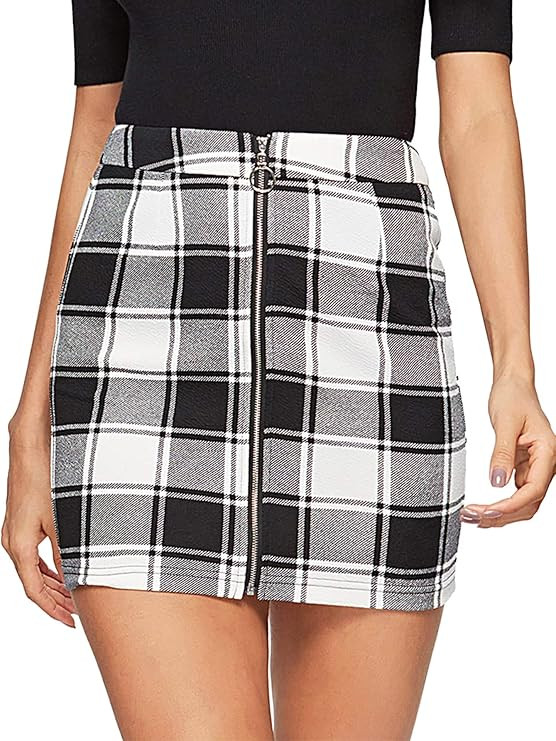 WDIRA Women's Casual Mid Waist Above Knee O-Ring Zipper Front Plaid Skirt | Amazon (US)