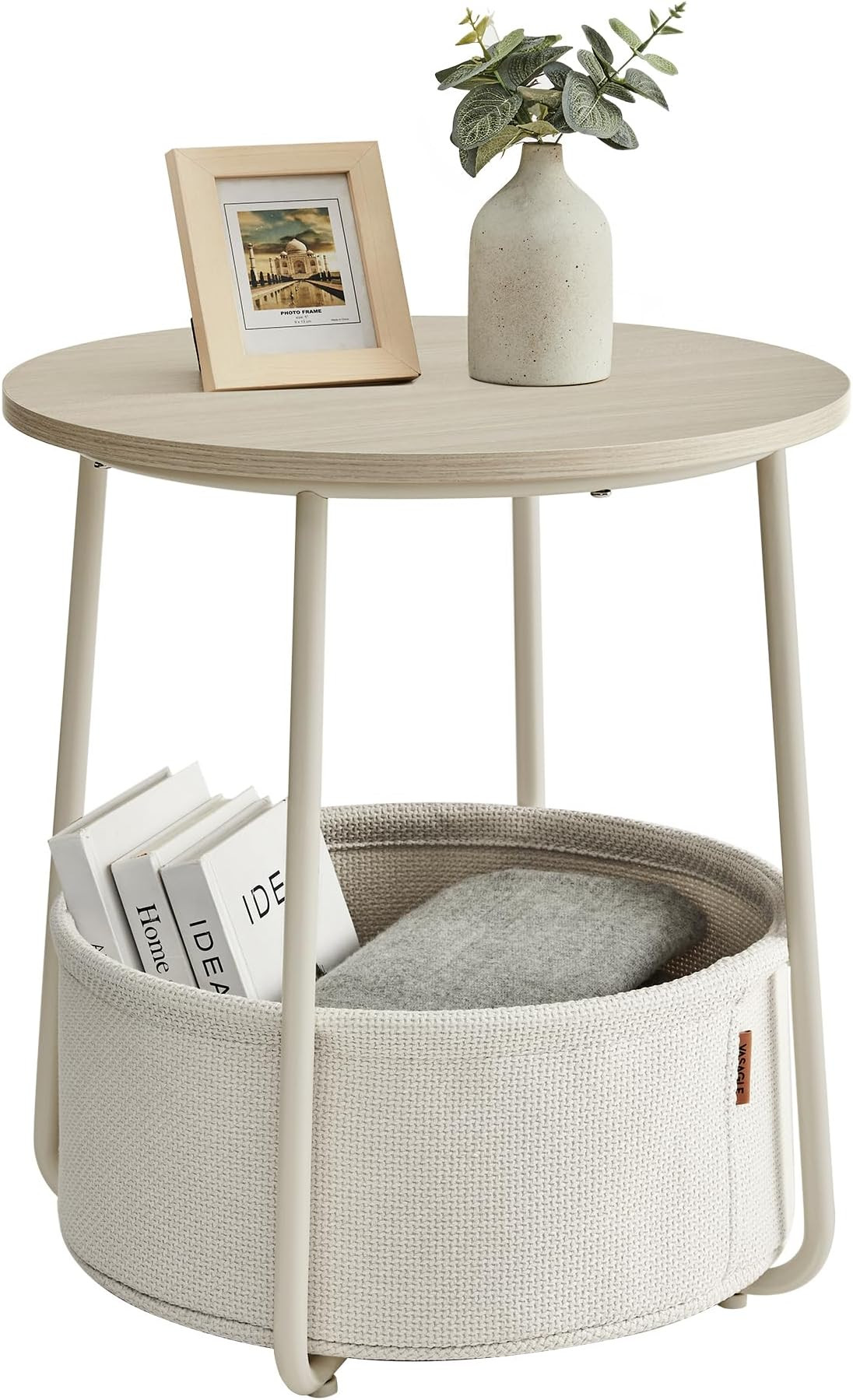 VASAGLE Small Round Side End Table, Modern Nightstand with Fabric Basket, Cream White ULET223K67 | Amazon (US)