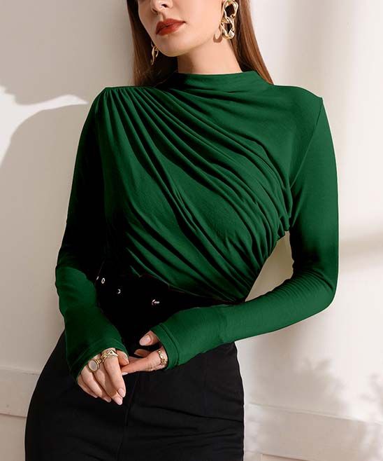IZURIA Women's Blouses Dark - Dark Green Ruched-Front Long-Sleeve Top - Women & Plus | Zulily