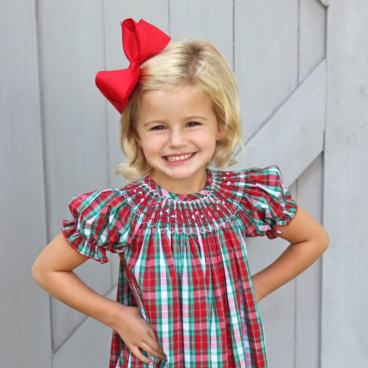 Geometric Smocked Bishop Dress Red & Green Plaid | Classic Whimsy
