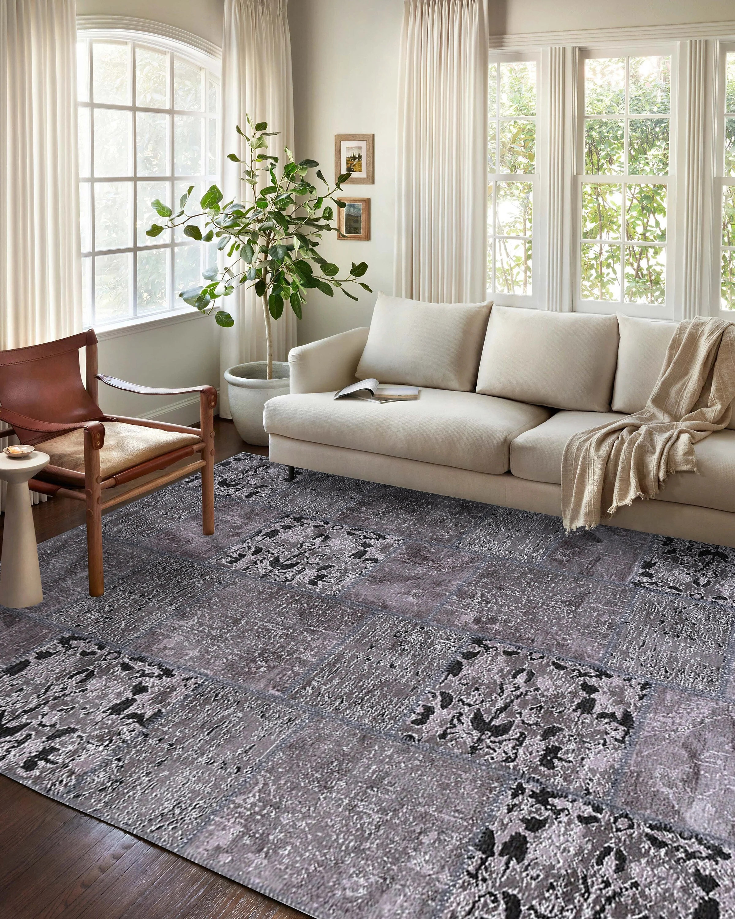 Zia Distressed Patchwork Vintage Gray Black Rug | Fame Rugs