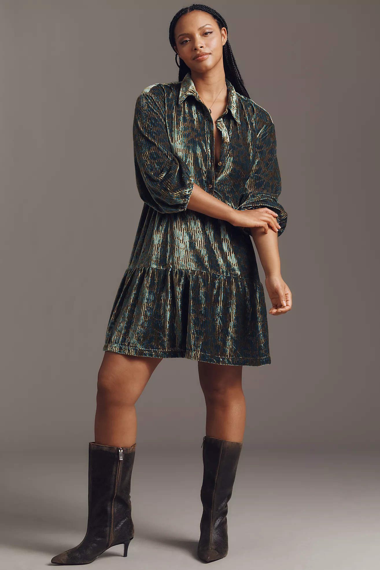 The Bettina Velvet Tiered Mini Shirt Dress by Maeve | Anthropologie (US)