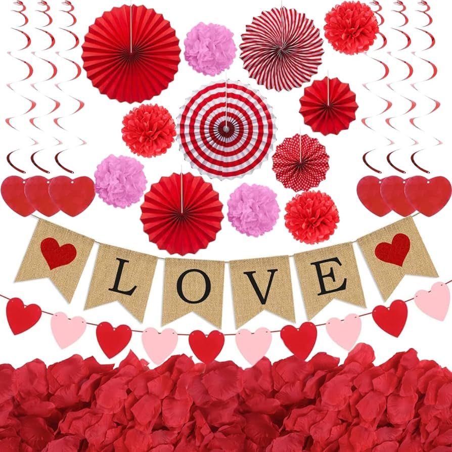 Jofan Valentines Day Decor Kit with 1 LOVE Banner, 1 Hearts Felt Garland, 6 Paper Fans, 6 Paper F... | Amazon (US)