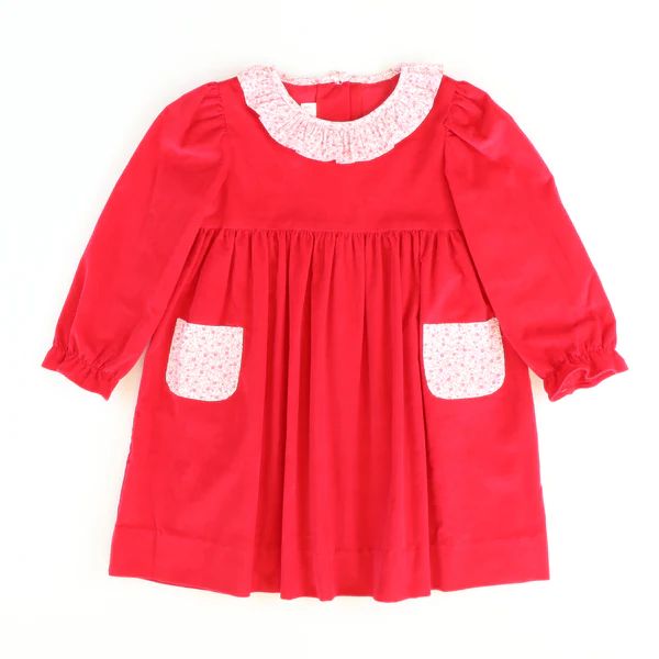 Floral Ruffle Neck L/S Pocket Dress - Red Corduroy | Southern Smocked Co.