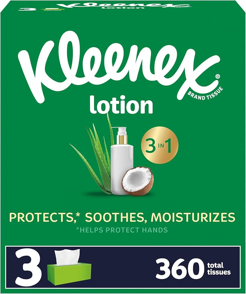 Kleenex Lotion Facial Tissues with Coconut Oil, 3 Flat Boxes, 120 Tissues Per Box, 3-Ply | Amazon (US)