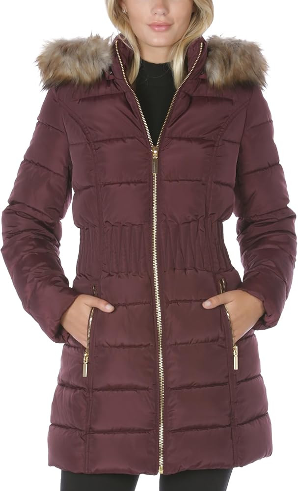 Laundry by Shelli Segal womens Stretch Quilted Puffer Jacket – Long Winter Coat With Faux Fur H... | Amazon (US)