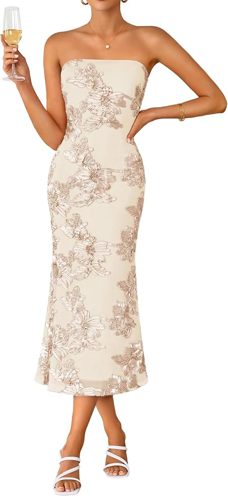 ZESICA Women's Summer Strapless Floral Midi Dress 2026 Bodycon Mesh Tube Wedding Guest Cocktail P... | Amazon (US)