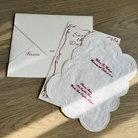 Embroidered Fabric Wedding Invitation, Custom Scalloped Lace Design, Cotton Or Linen Textile Invite, Elegant Heirloom Keepsake | Etsy (US)