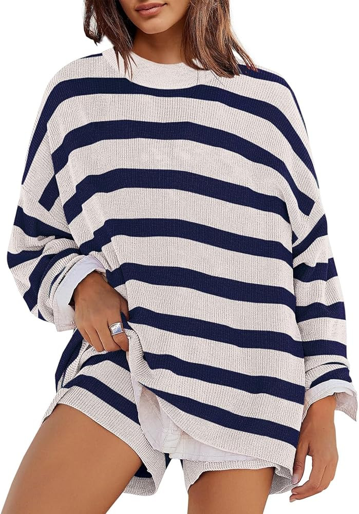 Wyeysyt Womens Oversized Sweater Set Striped 2 Piece Knit Outfits Long Sleeve Tops and Shorts Mat... | Amazon (US)