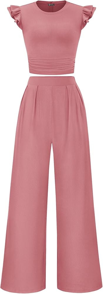 KIRUNDO Two Piece Sets For Women Summer Ruffle Cap Sleeve Crop Tops Wide Leg Palazzo Pants Casual... | Amazon (US)