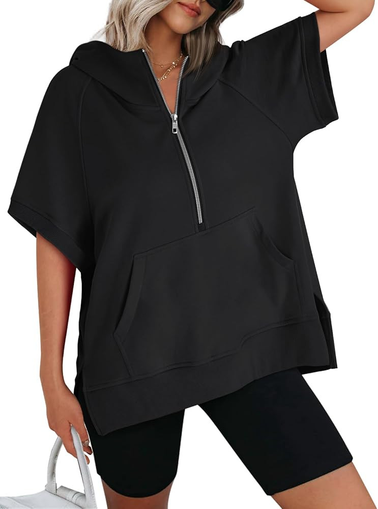 AUTOMET Oversized Hoodies for Women Short Sleeve Half zip Sweatshirt Fleece Loose Fit Pullover 20... | Amazon (US)