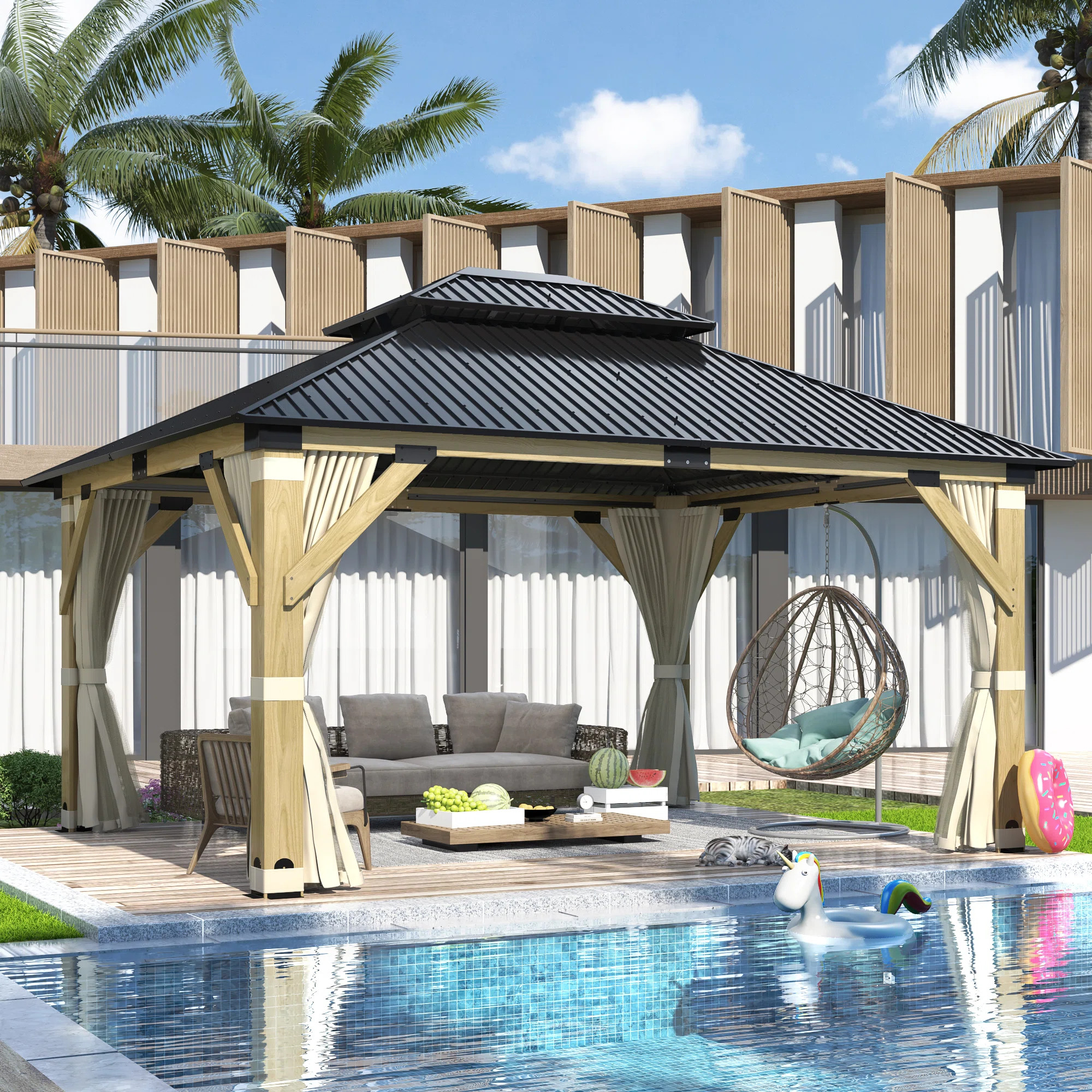 15 ft x 13 ft Outdoor Solid Wood Gazebo - Patio Galvanized Steel Hardtop Gazebo | Wayfair North America