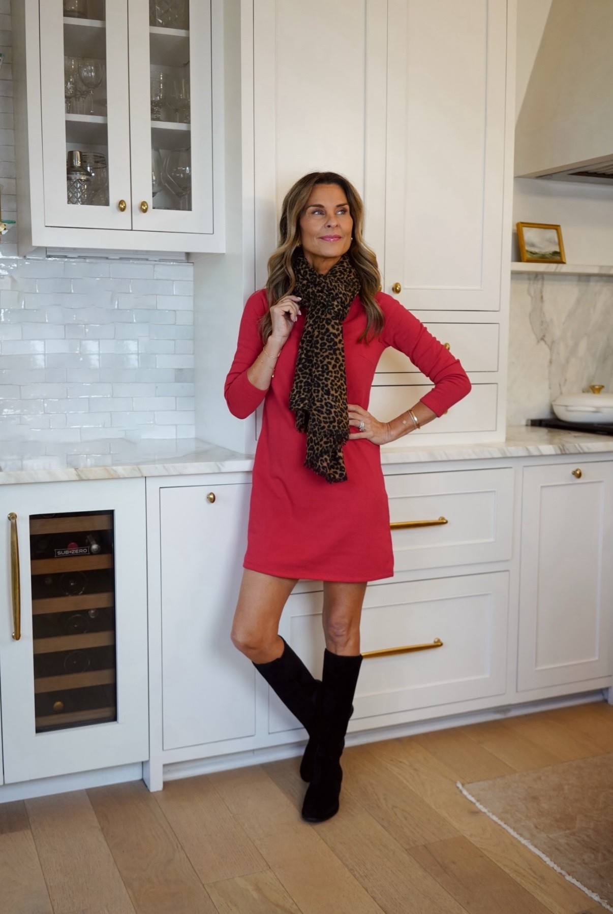 Talbots red fleece dress, wearing XS, I need a small. 
Talbots leopard scarf
-probably my favorite flat suede boots I’ve tried!! Very comfortable and thin boot shaft! 10/10 
#Talbots #Dress #Boots #Scarf #LeopardPrint 
#LTKOver40 