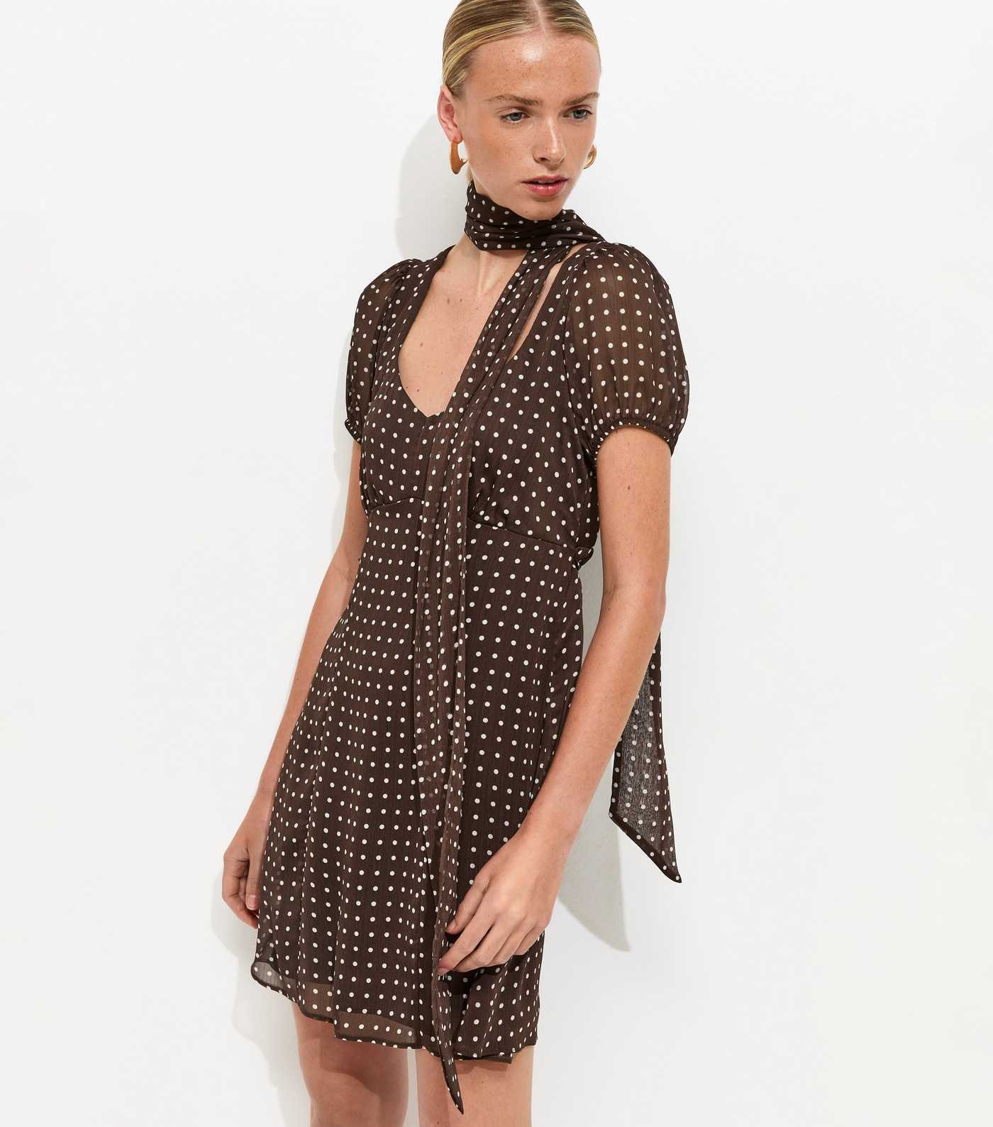 Brown Chiffon Polka Dot Mini Dress with Scarf | New Look | New Look (UK)