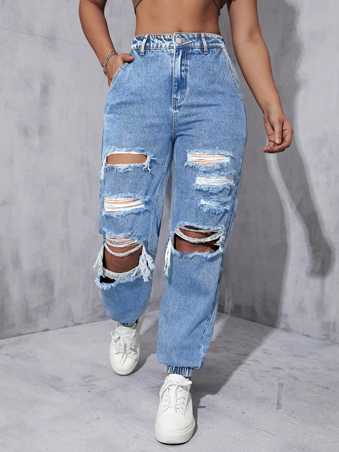 SHEIN High Waist Ripped Jogger Jeans | SHEIN