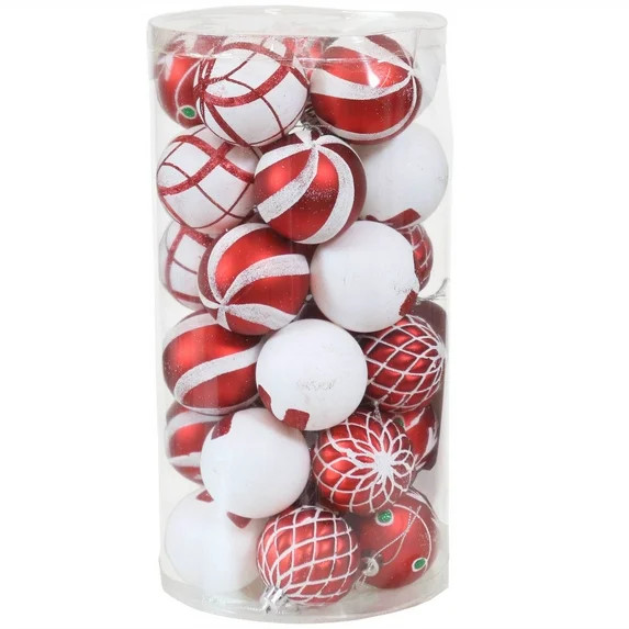 Sunnydaze Holiday Glitter Red/White Plastic Christmas Ornament Balls, 30 Count | Walmart (US)