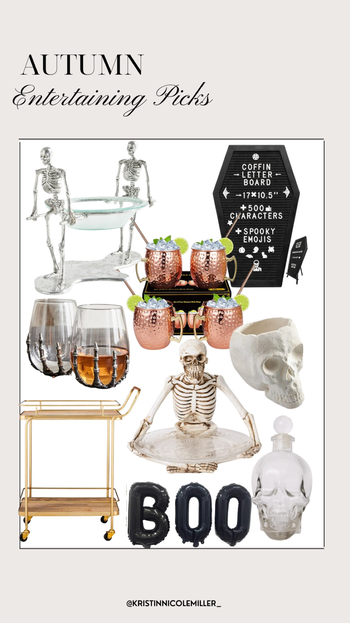 Autumn entertaining picks, platter, letter board, copper mule glasses, skeleton hand, skull drink holder, bar cart, boo balloons 

#LTKhome #LTKstyletip #LTKSeasonal