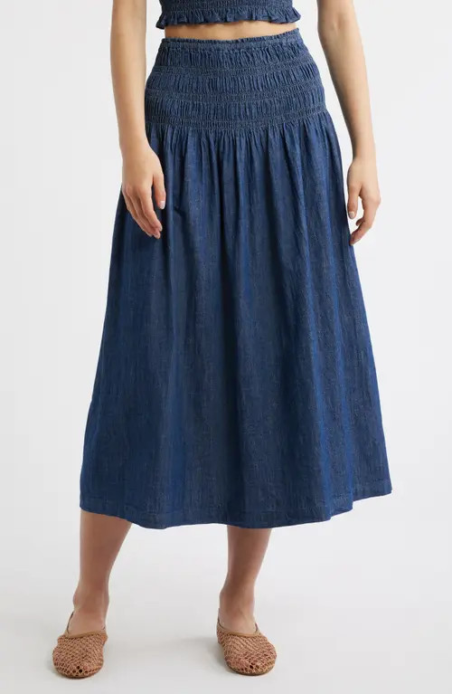 Madewell Smocked Waist Denim Midi Skirt in Dark Cove Wash at Nordstrom, Size Medium | Nordstrom