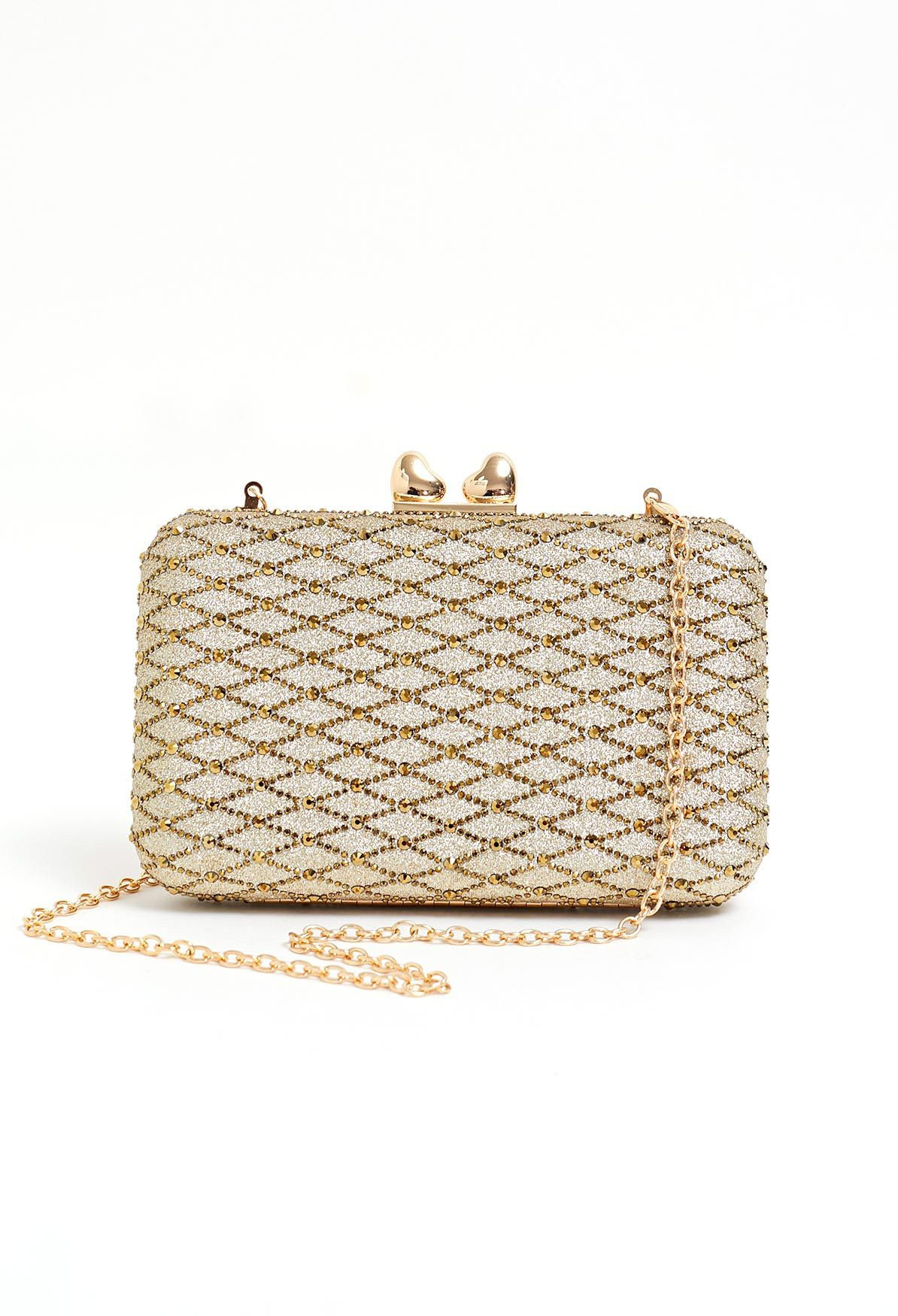 Art Deco Diamond-Patterned Rhinestone Clutch in Gold | Chicwish