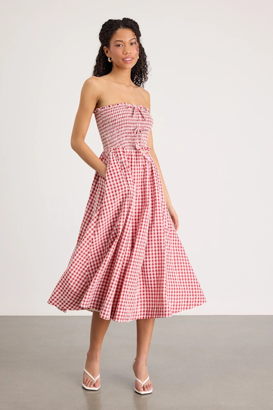 Clementina Red Gingham Smocked Midi Dress | Summer Dresses For Beach Trip | Lulus