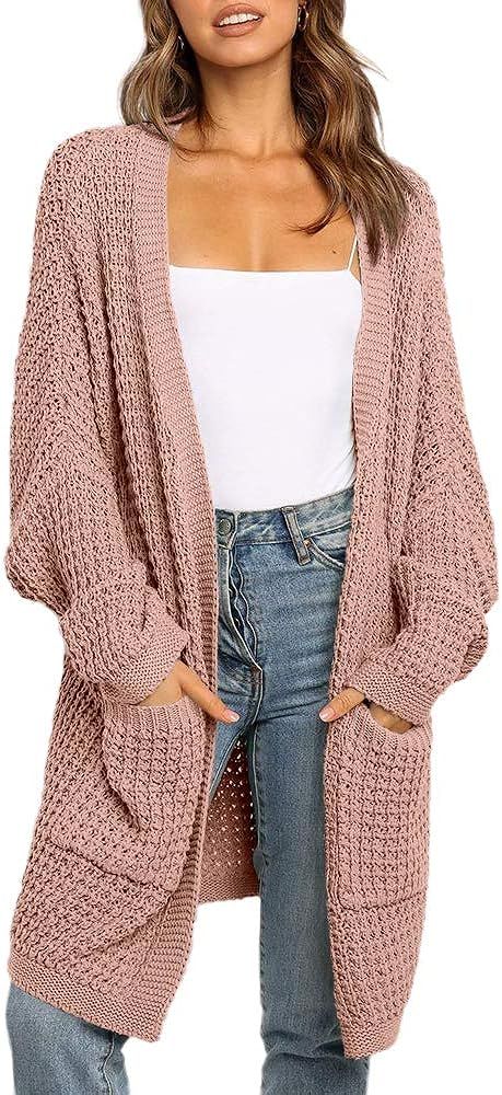 imesrun Womens Batwing Sleeve Long Cardigan Cable Knit Open Front Chunky Sweater Outwear with Poc... | Amazon (US)