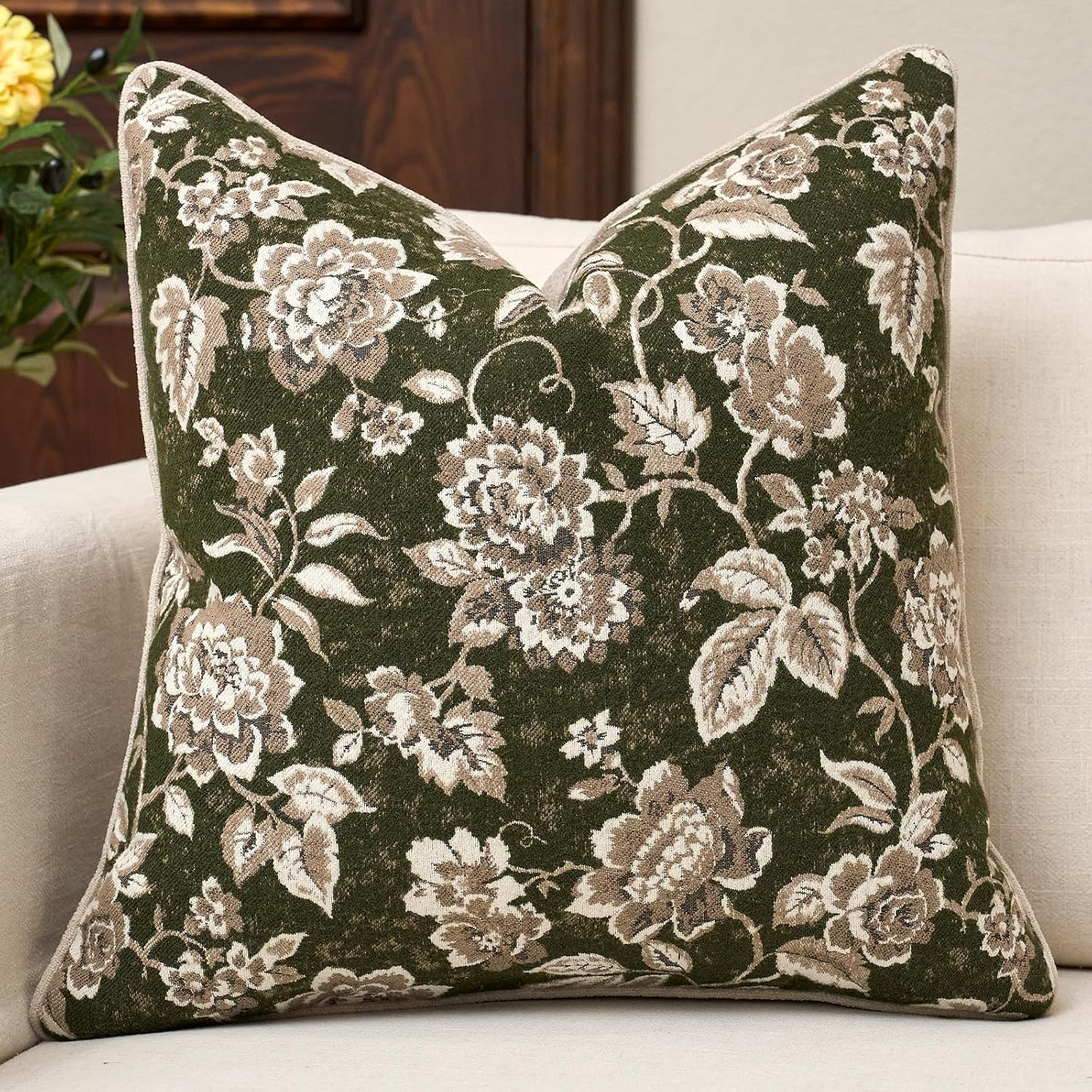 Throw Pillow Cover 18x18, Green Vintage Floral Fall Decorative Pillow Cover | Amazon (US)