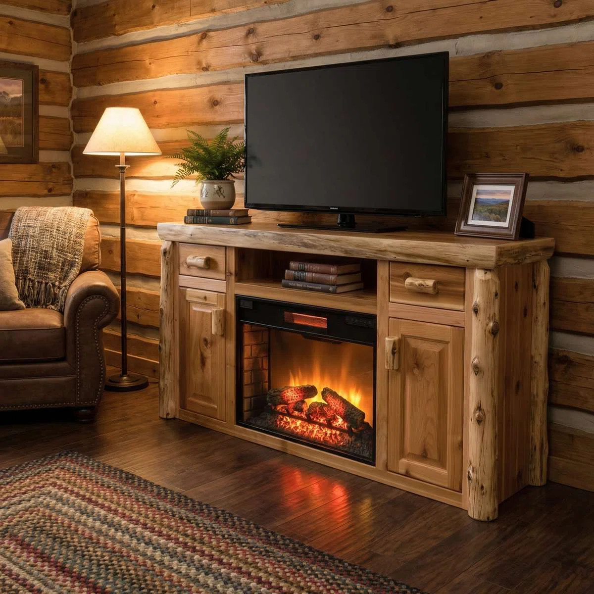 Fireside Lodge Cedar Log Entertainment Center with Fireplace - Natural | Wayfair North America