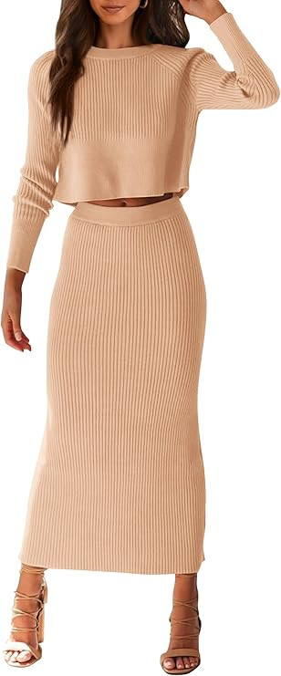 PRETTYGARDEN Women's Spring Fall 2 Piece Sweater Set Rib Knit Long Sleeve Crop Top Maxi Bodycon S... | Amazon (US)