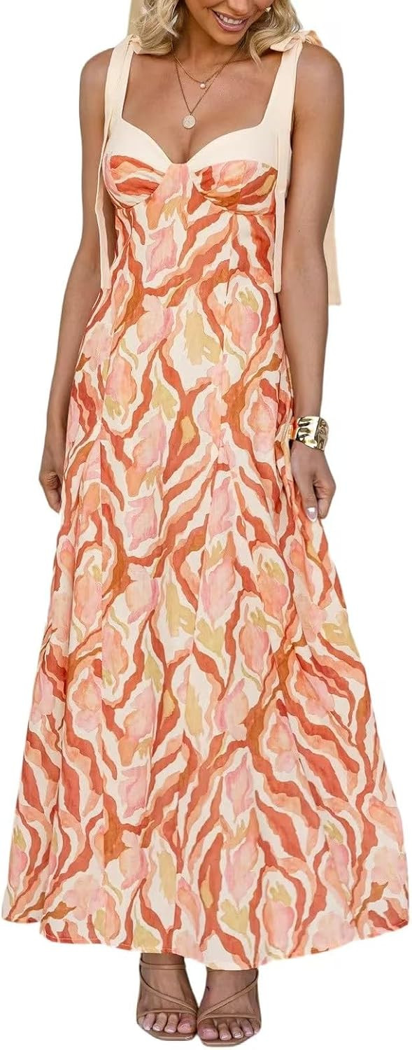 Women's Boho Print Dress Sleeveless Backless Halter High Waist A Line Vacation Beach Long Dress | Amazon (US)